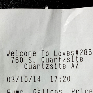 Receipt for gas at Quartzsite AZ