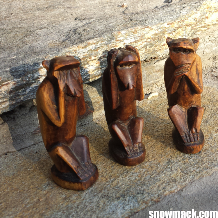 Folk art, hand carved wood figures from my collection; See No Evil, Hear No Evil and Speak No Evil also known as the Three Wise Monkeys.