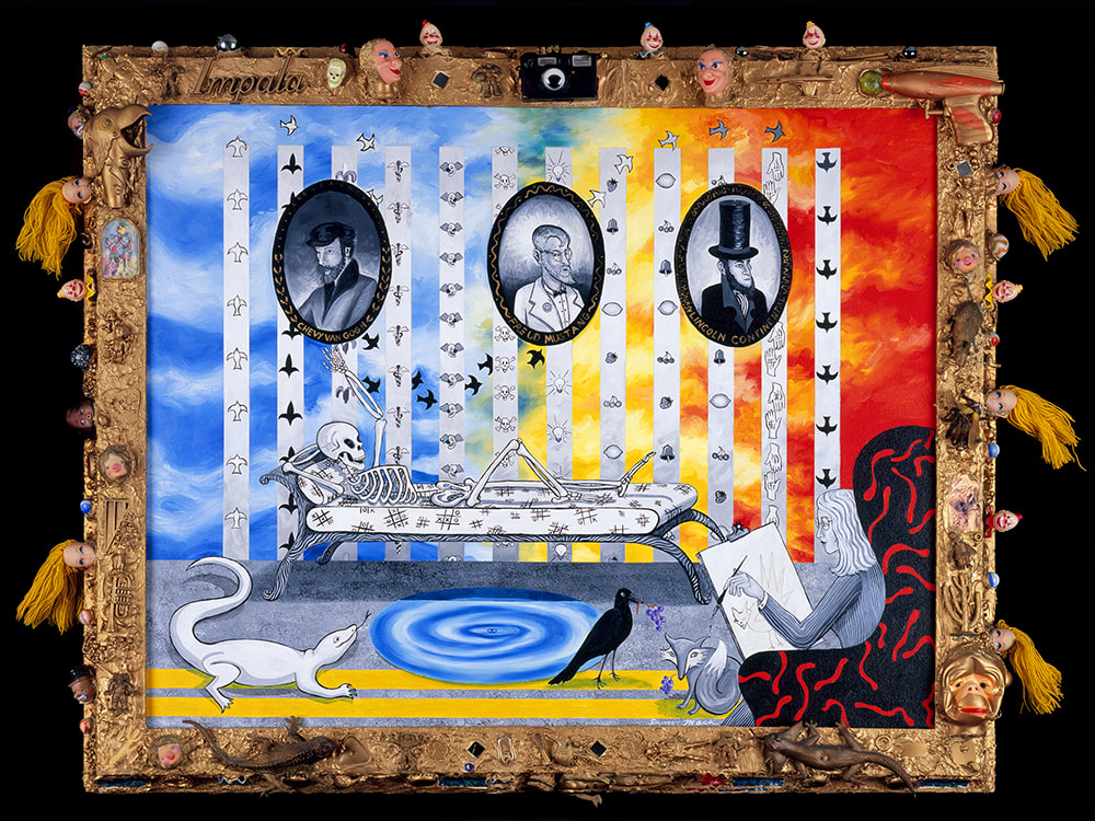 "Art Of Fact, Art Of Fiction, The Long Lasting Efffects Of Mythology On The Psyche, Or Three Guys With Beards" Triptych, Acrylic On Canvas, 2 panels 24" x 18" 1 panel 24" x 30", (middle panel)