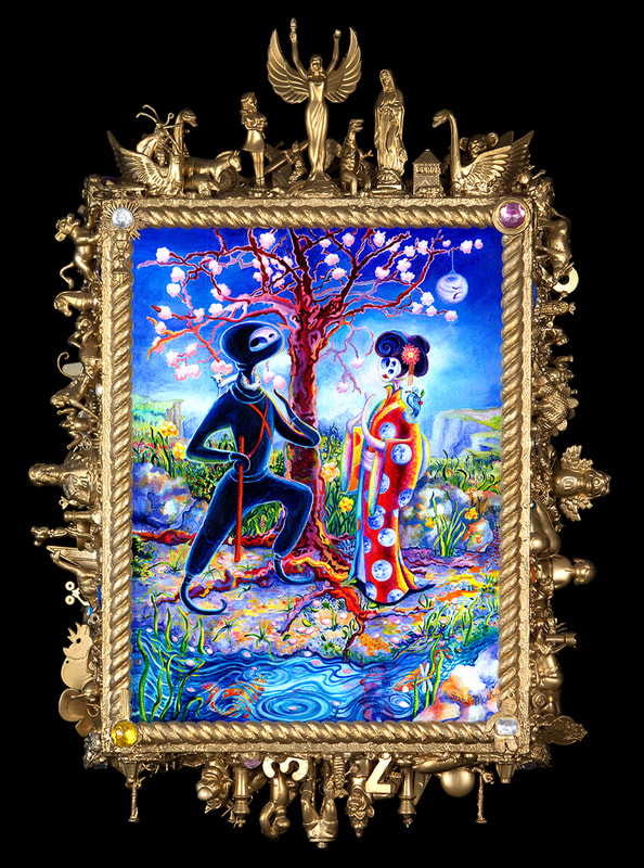 "Forbidden Love Of Blue Cheese Ninja And Geisha Crane Song" 16" x 12" Oil On Canvas 27" x 18" with Assemblage Frame, Private Collection