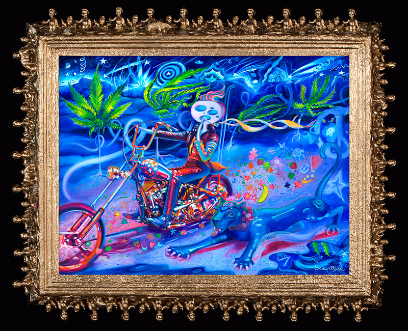 "Cheesy Rider" 12" x 16", Oil on Canvas 17" x 21" with Assemblage frame