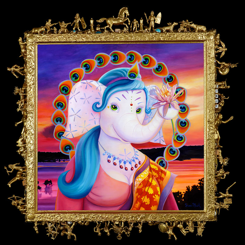 "Goddess Malini, Mother of Ganesha" Oil on Canvas, 20" x 20", 27" x 27" With Assemblage Frame