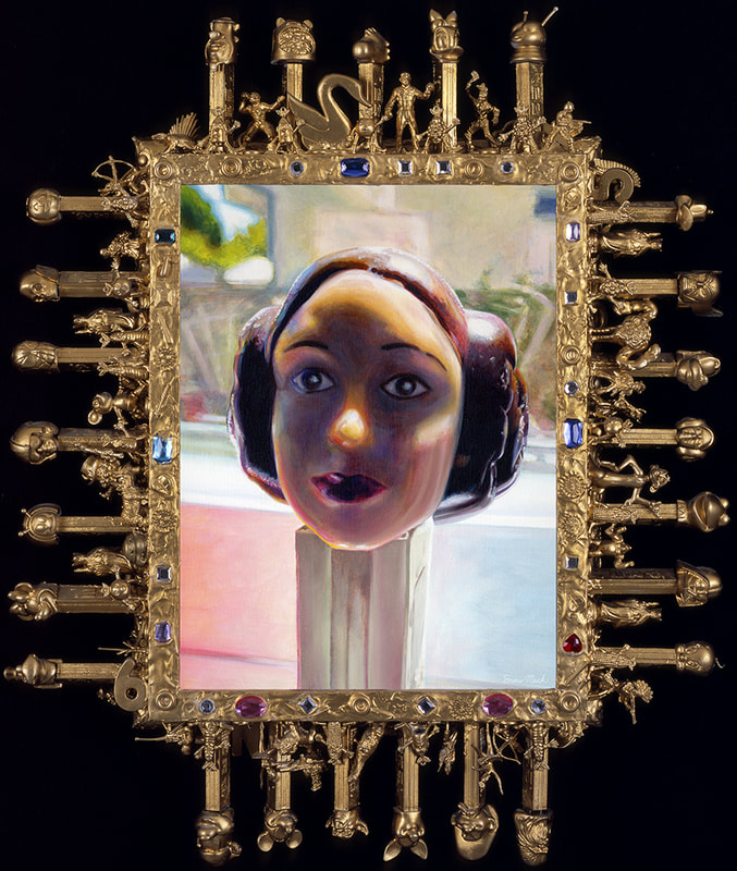 "Princess Leia, Pez Portrait" Oil On Canvas, 16" x 12", 27 1/2" x 21 1/2" With Assemblage Frame, Private Collection