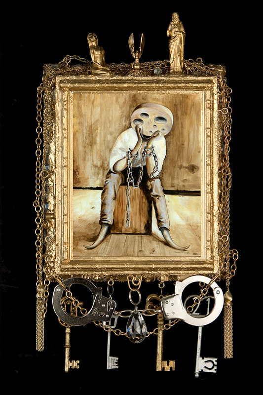 "The Illusionist" Oil on Board, 10" x 8", "EZ Magic"
Assemblage Frame 21" x 12", Private Collection
