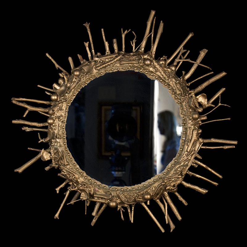 "Stick Mirror" Assemblage on 10" Round Mirror